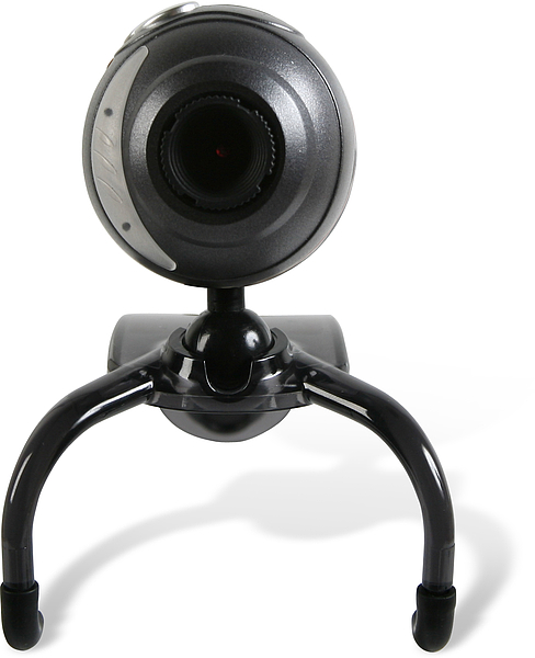 Frontansicht einer schwarzen Webcam mit ausklappbarem Stativ für stabile Videoaufnahmen