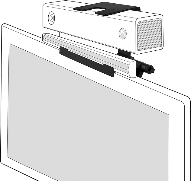 Illustration einer Xbox Kinect Kamera, die mithilfe einer speziellen Halterung auf einem Flachbildfernseher befestigt ist