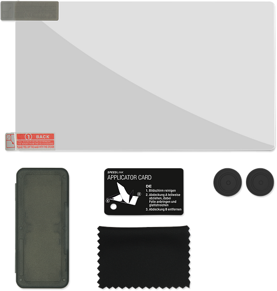 Komplettes Displayschutzfolien-Set: Schutzfolie, Reinigungstuch, Applikationskarte, Schutzhüllen und Gummi-Abdeckungen für elektronische Geräte