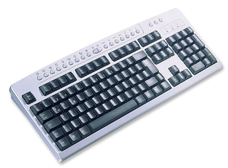 Silber-schwarze PC-Tastatur mit Sondertasten und Standard-Layout, geeignet für Büro und Home-Office