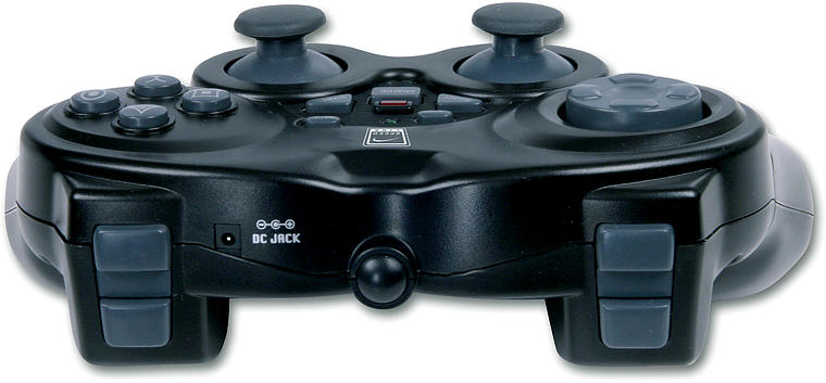 Frontalansicht eines schwarzen kabellosen Gamepads mit zwei Joysticks, Steuerkreuz und mehreren Funktionstasten