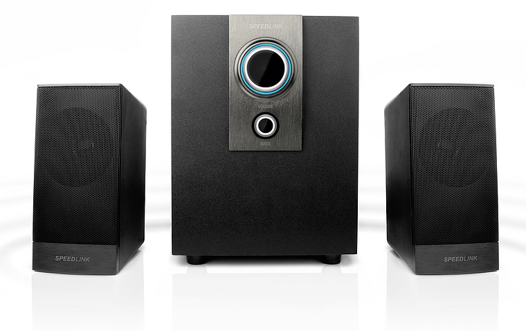 Schwarzes SPEEDLINK 2.1 Lautsprechersystem bestehend aus zwei Satelliten und einem Subwoofer, ideal für Computer und Heimkino