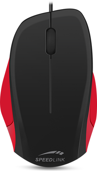 Schwarz-rote kabelgebundene SPEEDLINK Computermaus mit ergonomischem Design, von oben fotografiert