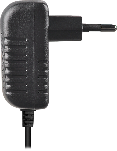 Netzteil mit Eurostecker, schwarzes Gehäuse, Seitenansicht, Kabelanschluss unten