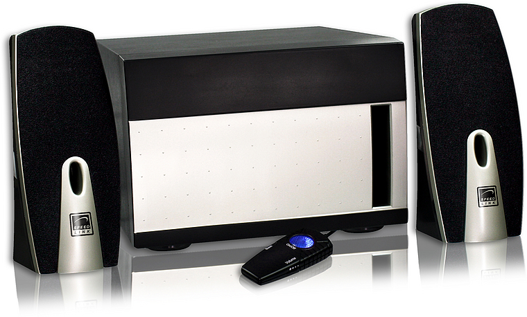 Modernes 2.1 Sound-System bestehend aus zwei Lautsprechern, einem Subwoofer und einer Fernbedienung