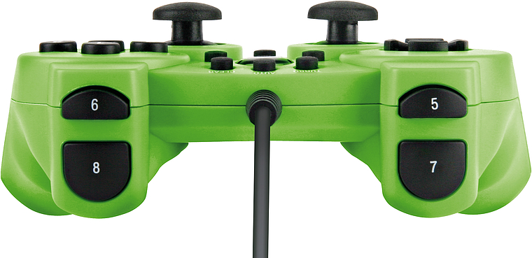 Frontansicht eines grünen, kabelgebundenen Gamecontrollers mit den Tasten 5, 6, 7 und 8, geeignet für Spielekonsolen oder PC