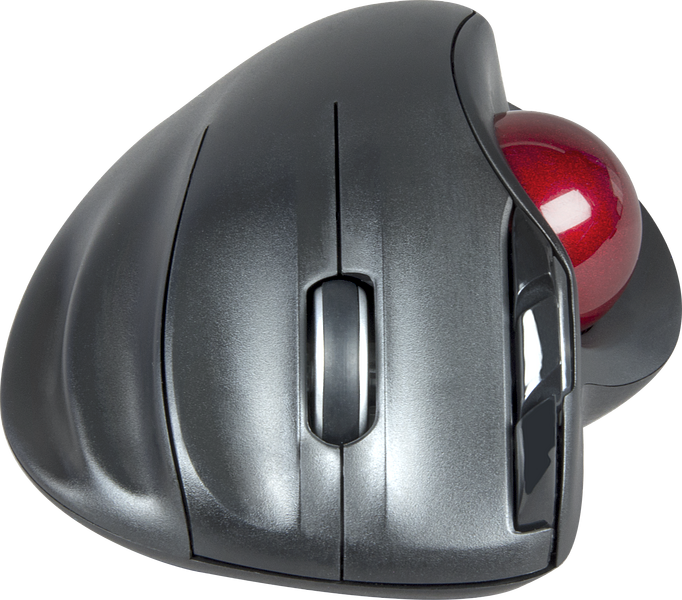Schwarze ergonomische Trackball-Maus mit roter Kugel und seitlichen Tasten, geeignet für präzises Arbeiten am PC