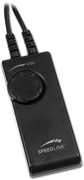 Schwarzer Speedlink Lautstärkeregler mit großem Drehknopf und zwei Kabelanschlüssen