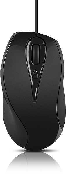 Abbildung einer schwarzen kabelgebundenen Computermaus, von oben betrachtet, mit ergonomischer Form