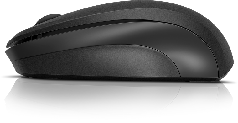 Seitenansicht einer modernen, kabellosen schwarzen Computermaus mit ergonomischem Design auf reflektierender Oberfläche