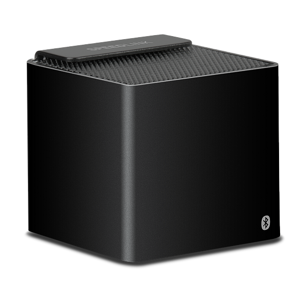 Moderner, würfelförmiger Bluetooth-Lautsprecher in schwarzer Farbe, ideal für kabelloses Musikstreaming