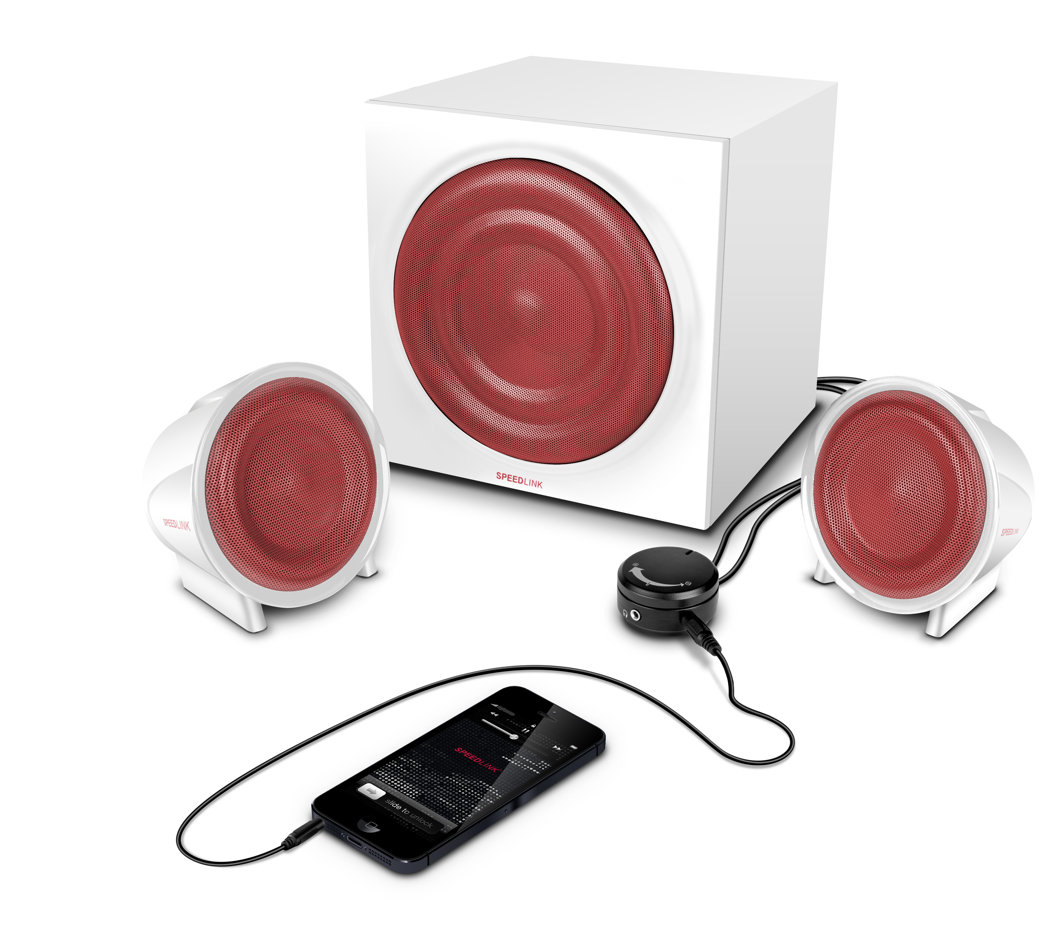 Weiß-rotes SPEEDLINK 2.1 Lautsprechersystem mit Subwoofer und zwei Satellitenlautsprechern, verbunden mit einem Smartphone