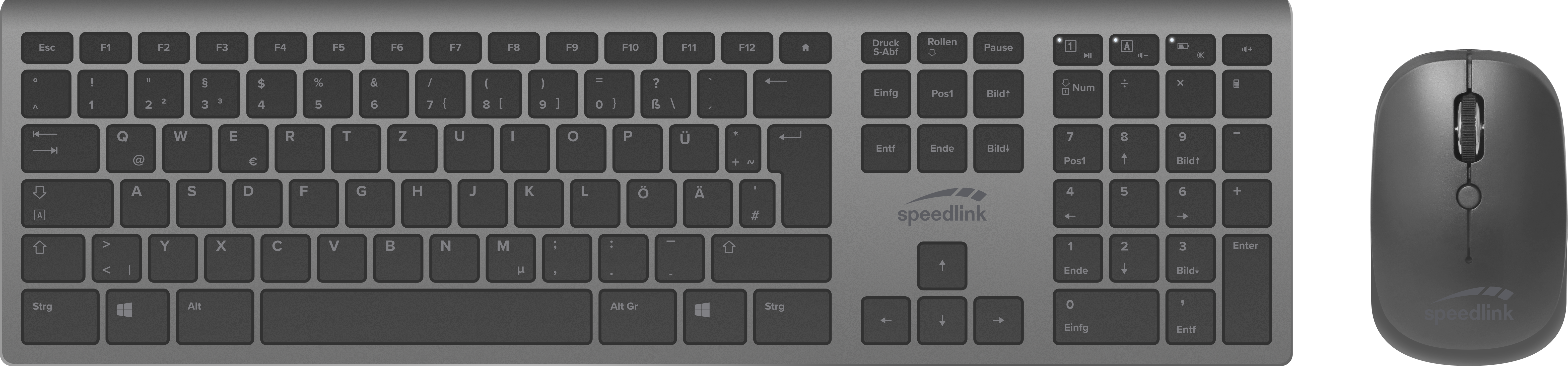 Abbildung eines schwarzen, kabellosen Tastatur- und Maus-Sets von Speedlink mit deutschem QWERTZ-Layout