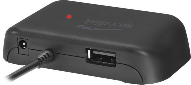 Externer Speedlink USB-Hub in Schwarz mit Netzteil-Anschluss und USB-Port, rote LED-Anzeige leuchtet