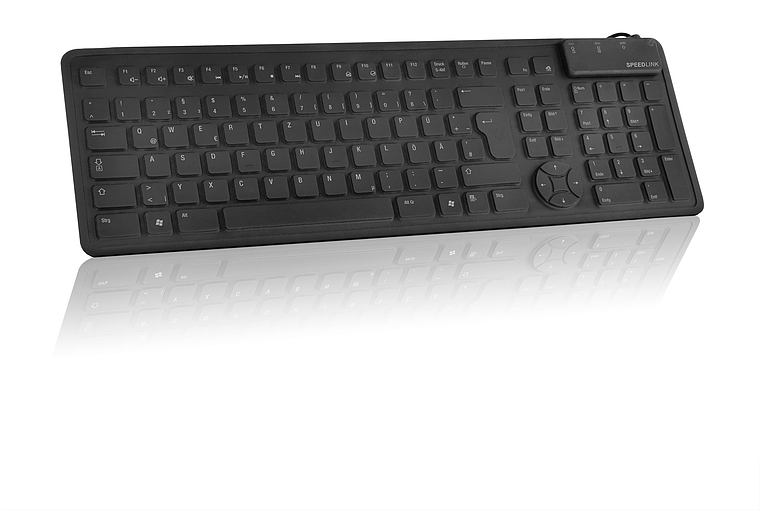 Abgebildet ist eine schwarze Speedlink Tastatur mit vollständigem Tastenfeld und Nummernblock, ideal für Büro und Alltag.