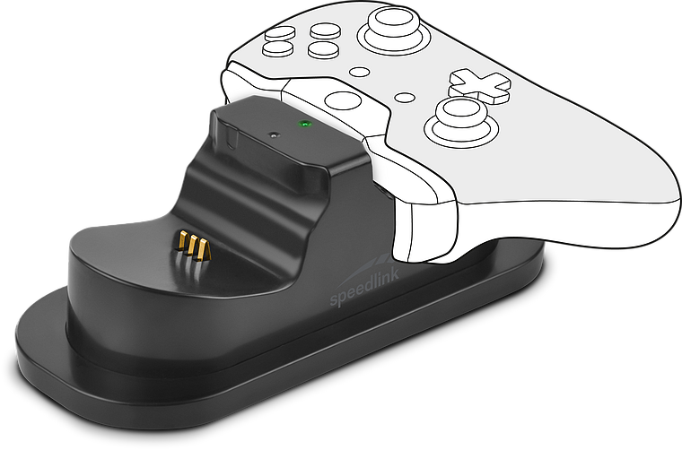 Schwarze Speedlink Ladestation für Xbox Controller mit angedeutetem Gamepad, geeignet zum schnellen und sicheren Aufladen
