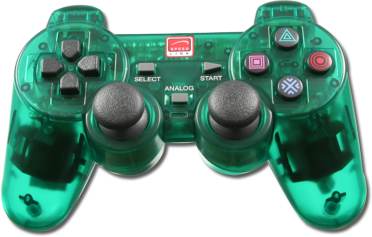 Transparenter grüner Speedlink Gamecontroller mit zwei Joysticks, Steuerkreuz und Funktionstasten für PlayStation und PC