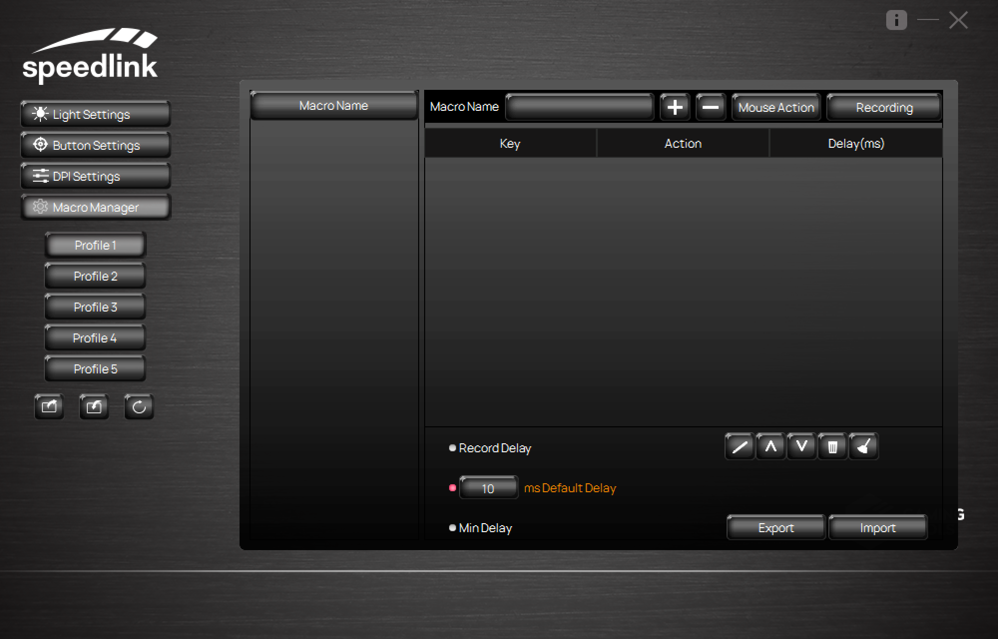 Screenshot der Speedlink Software mit Makro-Manager und Profil-Einstellungen für eine Gaming-Maus