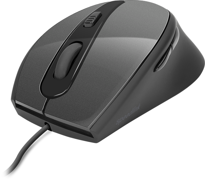 Abbildung einer schwarzen kabelgebundenen Speedlink Computermaus mit ergonomischem Design, Seitentasten und Scrollrad