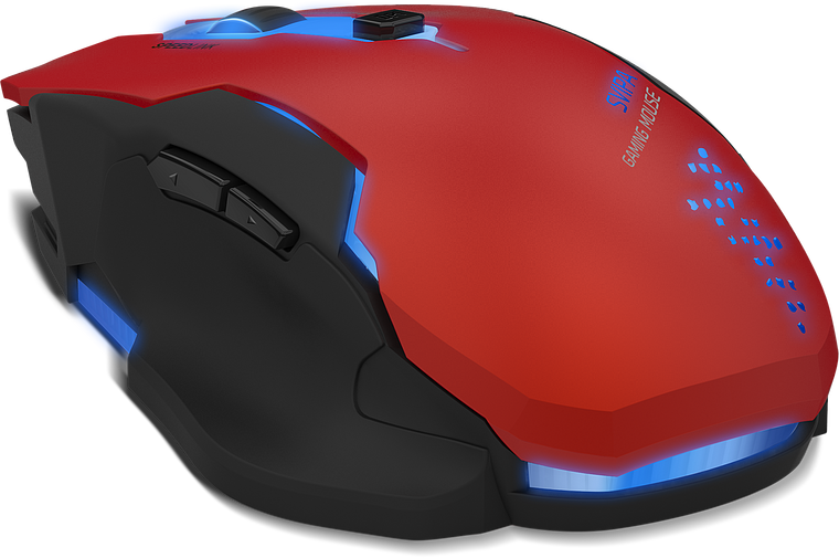 Rote Gaming-Maus mit blauer LED-Beleuchtung und seitlichen Funktionstasten, ideal für Computerspiele