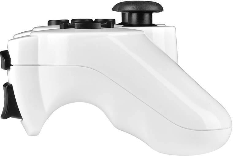 Seitenansicht eines weißen Gamecontrollers mit schwarzen Tasten und Joystick