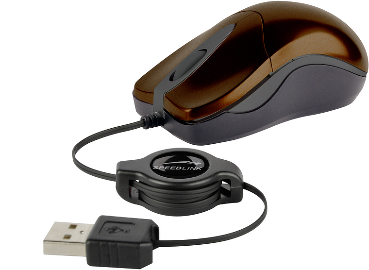 Kompakte braune USB-Maus von Speedlink mit ausziehbarem Kabel und ergonomischem Design