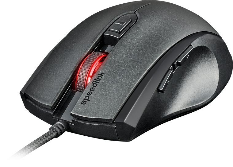 Schwarz-rote Speedlink Gaming-Maus mit beleuchtetem Scrollrad, mehreren Seitentasten und ergonomischem Design