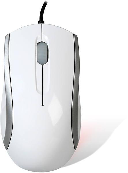 Obenansicht einer weißen kabelgebundenen Computermaus mit seitlichen grauen Akzenten und Scrollrad
