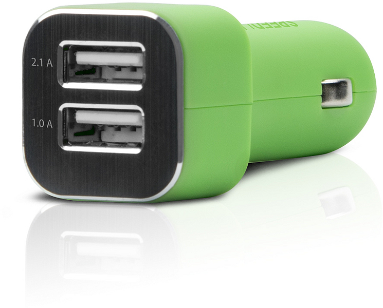 Grüner Auto-USB-Ladeadapter mit zwei USB-Anschlüssen zum Aufladen von Geräten unterwegs