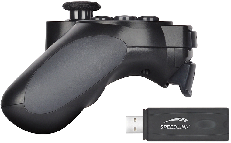 SPEEDLINK Gamepad mit ergonomischem Griff und passendem USB-Adapter, seitliche Ansicht in Schwarz