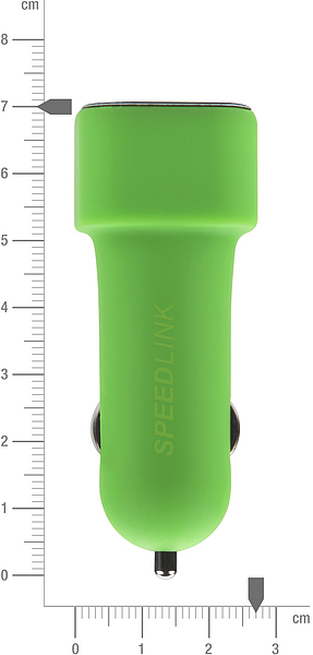 Kompakter, grüner SPEEDLINK USB Kfz-Ladeadapter, senkrecht auf weißem Hintergrund mit Zentimetermaß