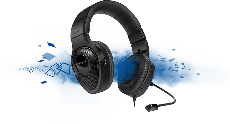 Schwarzes SPEEDLINK Gaming-Headset mit Mikrofon, gepolsterten Ohrmuscheln und stylischen blauen Designelementen