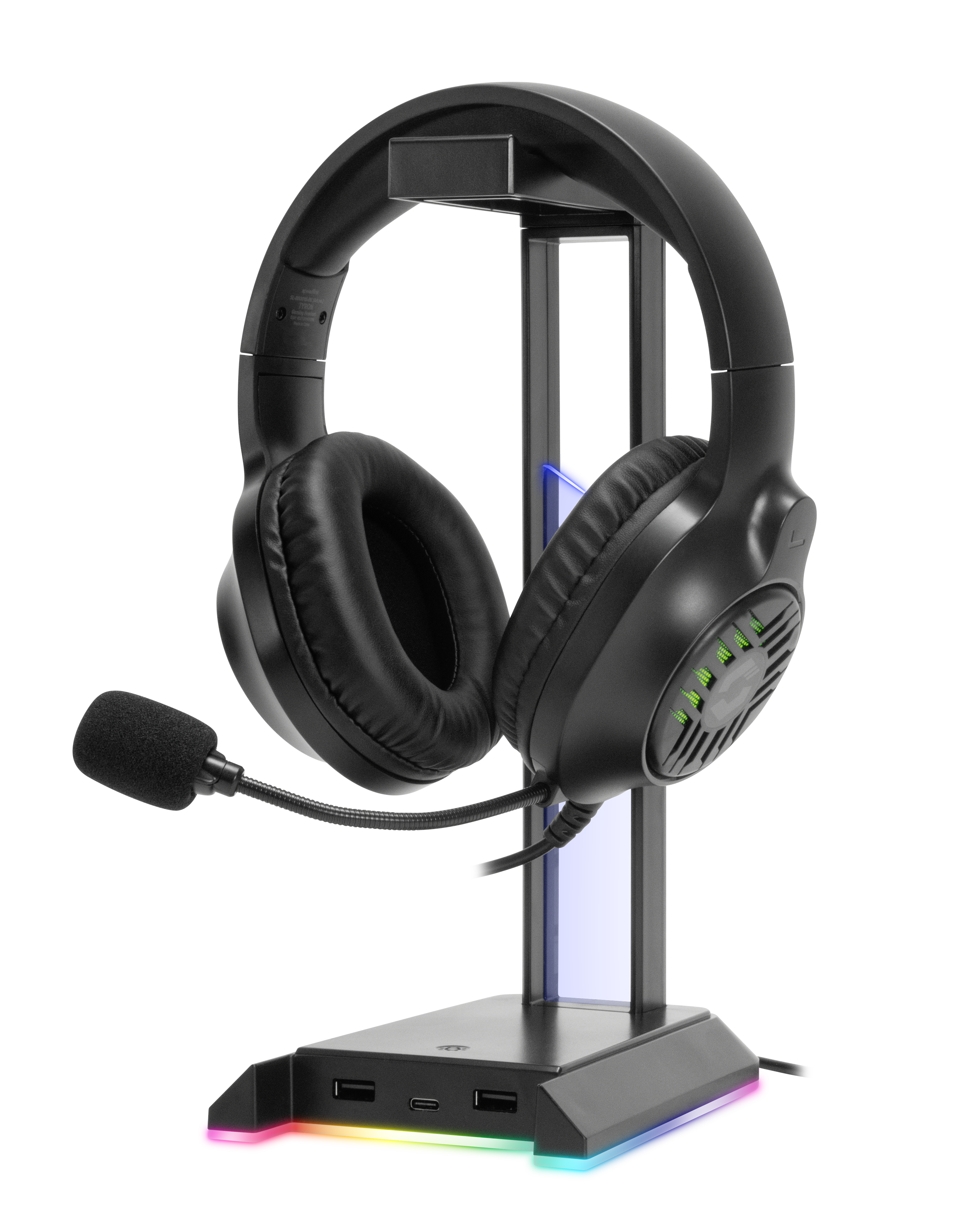 Schwarzes Gaming-Headset mit Mikrofon, präsentiert auf einem RGB-beleuchteten Headset-Ständer mit USB-Anschlüssen