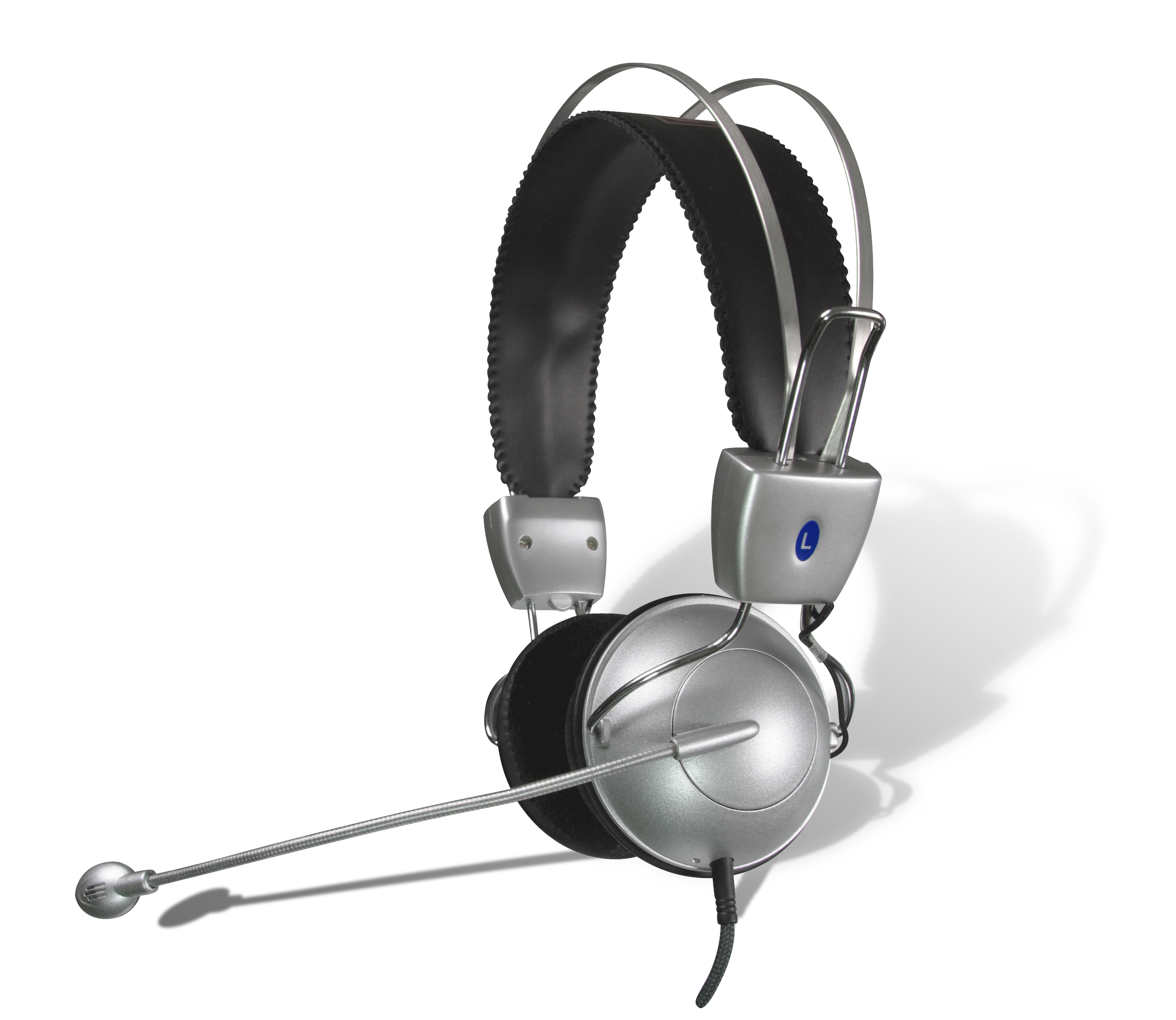 Silbernes Over-Ear-Headset mit verstellbarem Mikrofon und gepolstertem Bügel auf weißem Hintergrund