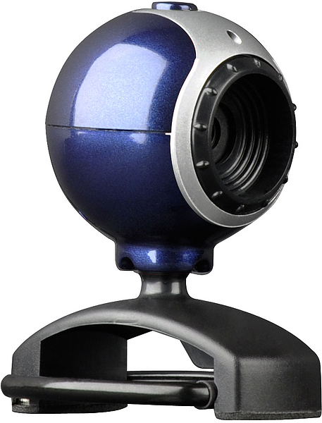 Nahaufnahme einer modernen, blau-silbernen USB-Webcam mit stabilem Standfuß, ideal für Online-Meetings und Videotelefonie