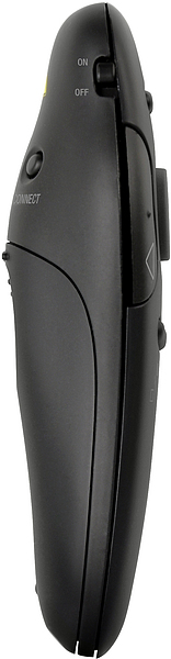 Seitenansicht eines schwarzen, kabellosen Presenters mit sichtbarem Ein-/Ausschalter und Funktionstasten