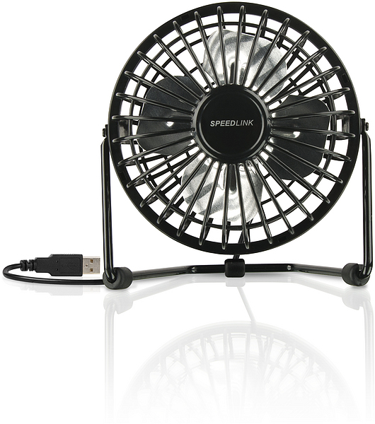 Kleiner schwarzer USB-Tischventilator von SPEEDLINK mit stabilem Standfuß, ideal für Schreibtisch oder unterwegs