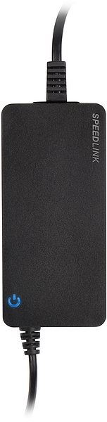 Abbildung eines schwarzen Speedlink Netzteils mit angeschlossenen Kabeln und blauem Einschaltknopf