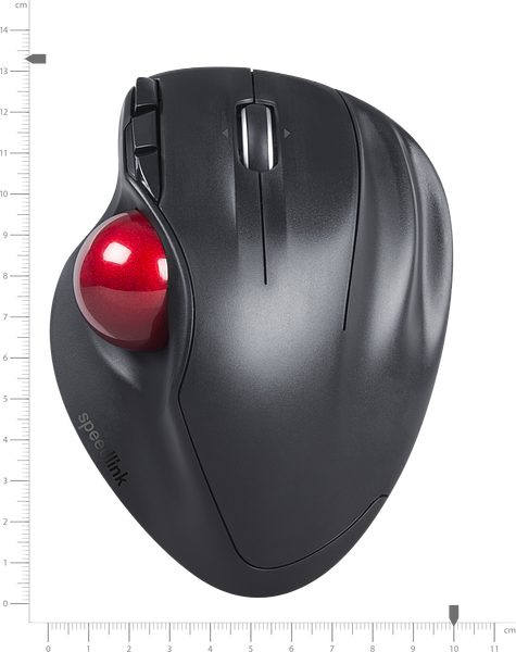 Schwarze ergonomische Maus mit rotem Trackball und mehreren Tasten, ideal für die effiziente Computerbedienung