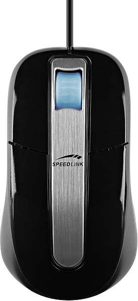 Oberansicht einer schwarzen kabelgebundenen Speedlink Computermaus mit silberner Leiste und blauem Scrollrad