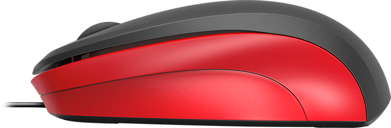 Seitliche Ansicht einer roten kabelgebundenen Computermaus mit ergonomischem Design