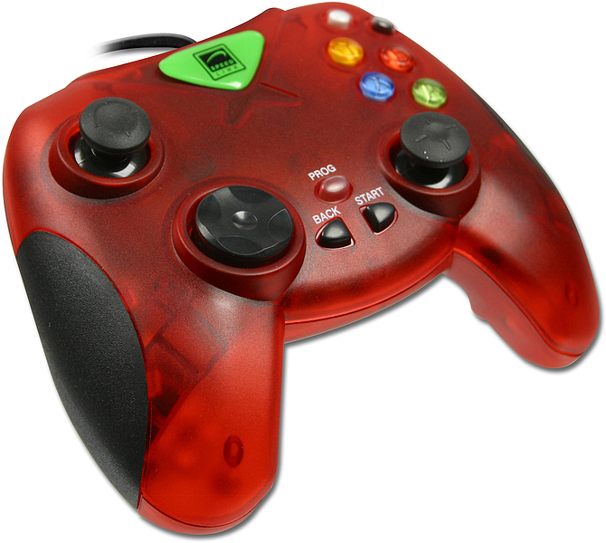 Roter, transparenter Xbox-Controller mit zwei Analogsticks, Richtungstasten und farbigen Aktionstasten
