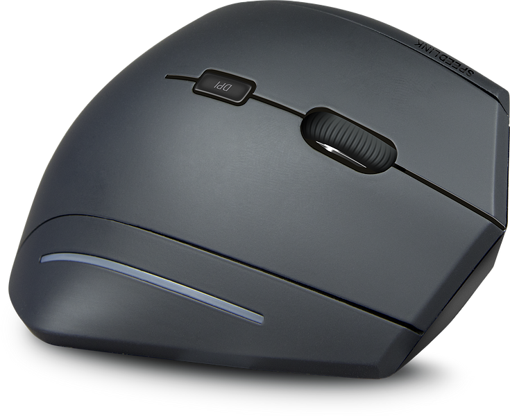 Schwarze ergonomische vertikale Computermaus mit seitlicher LED-Leiste, Scrollrad und DPI-Taste