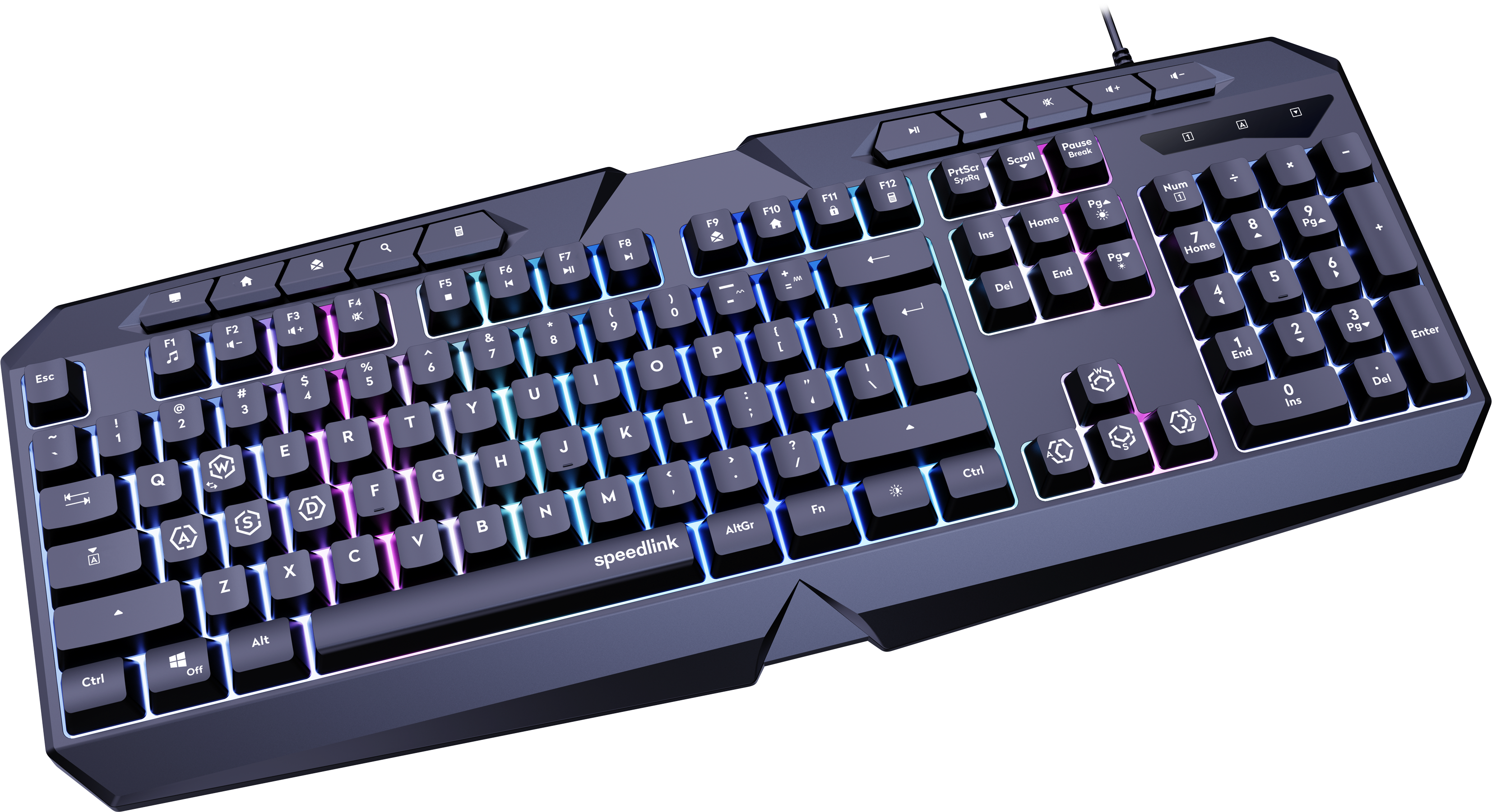 Abgebildet ist eine kabelgebundene Gaming-Tastatur von Speedlink mit bunter RGB-Hintergrundbeleuchtung und zusätzlichen Multimedia-Tasten