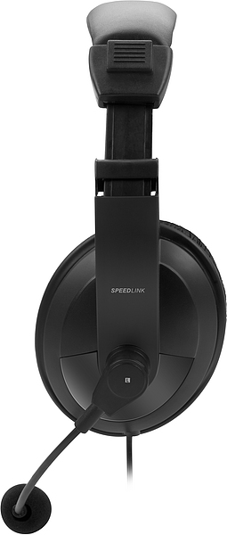Schwarzes Speedlink Headset mit Mikrofon, seitlich fotografiert