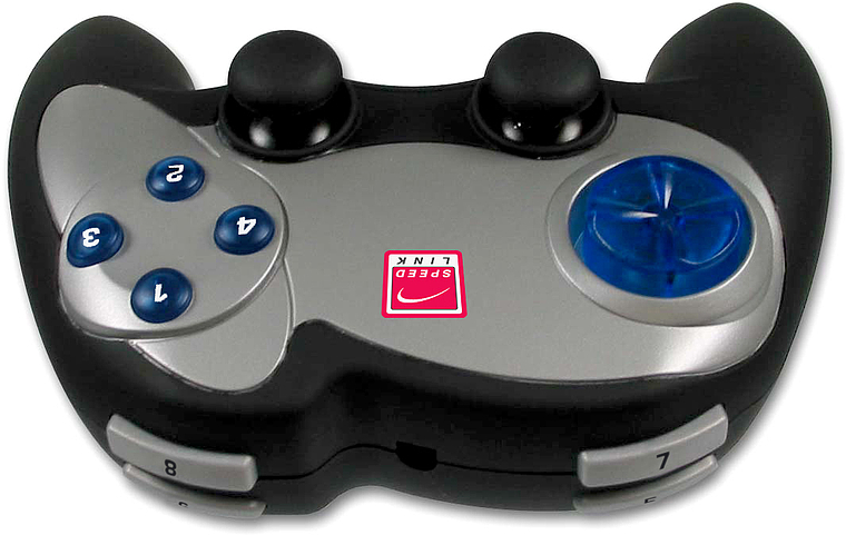 Kabelloser Speed Link Gamepad Controller mit zwei Joysticks, blauer Steuerkreuz-Taste und nummerierten Buttons