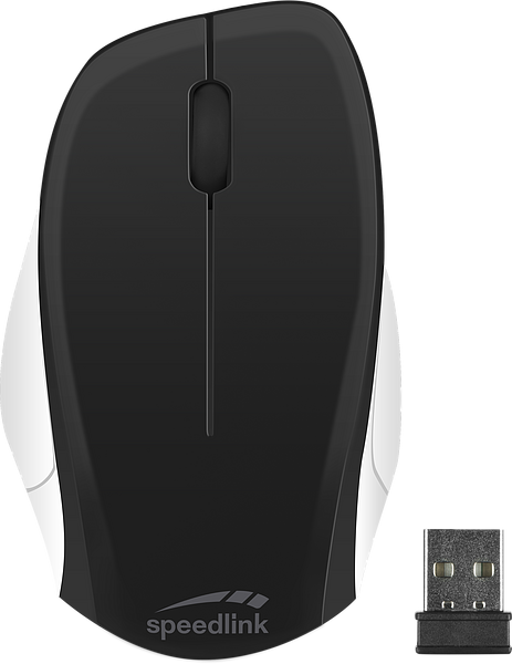 Schwarze kabellose Speedlink Computermaus mit weißem Seitenstreifen und passendem USB-Empfänger