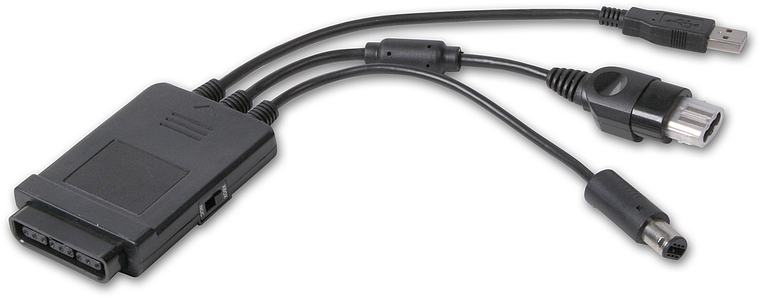 Schwarzes Adapterkabel mit USB-, Gameport- und PS/2-Anschluss für verschiedene Gamecontroller