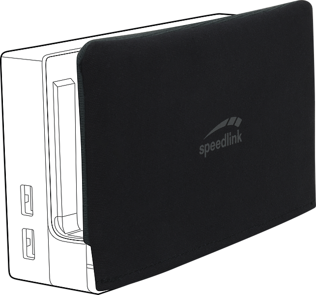Speedlink Schutzhülle auf einem Nintendo Switch Dock, schützt vor Kratzern und Staub