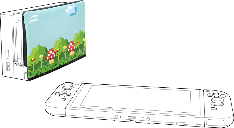Abgebildet ist eine Nintendo Switch Dockingstation mit farbenfroher 8-Bit-Pilz-Schutzhülle und eine skizzierte Nintendo Switch Konsole davor.
